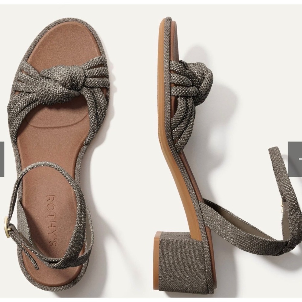 Rothys The Knot Sandal Metallic Pewter Silver Block Heel Ankle Strap Size 7